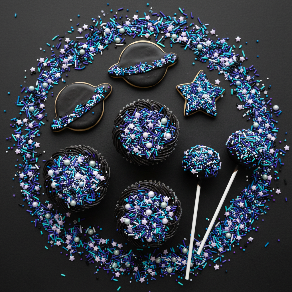 Colorful star-shaped sprinkles in blue, purple, and white on a dark background