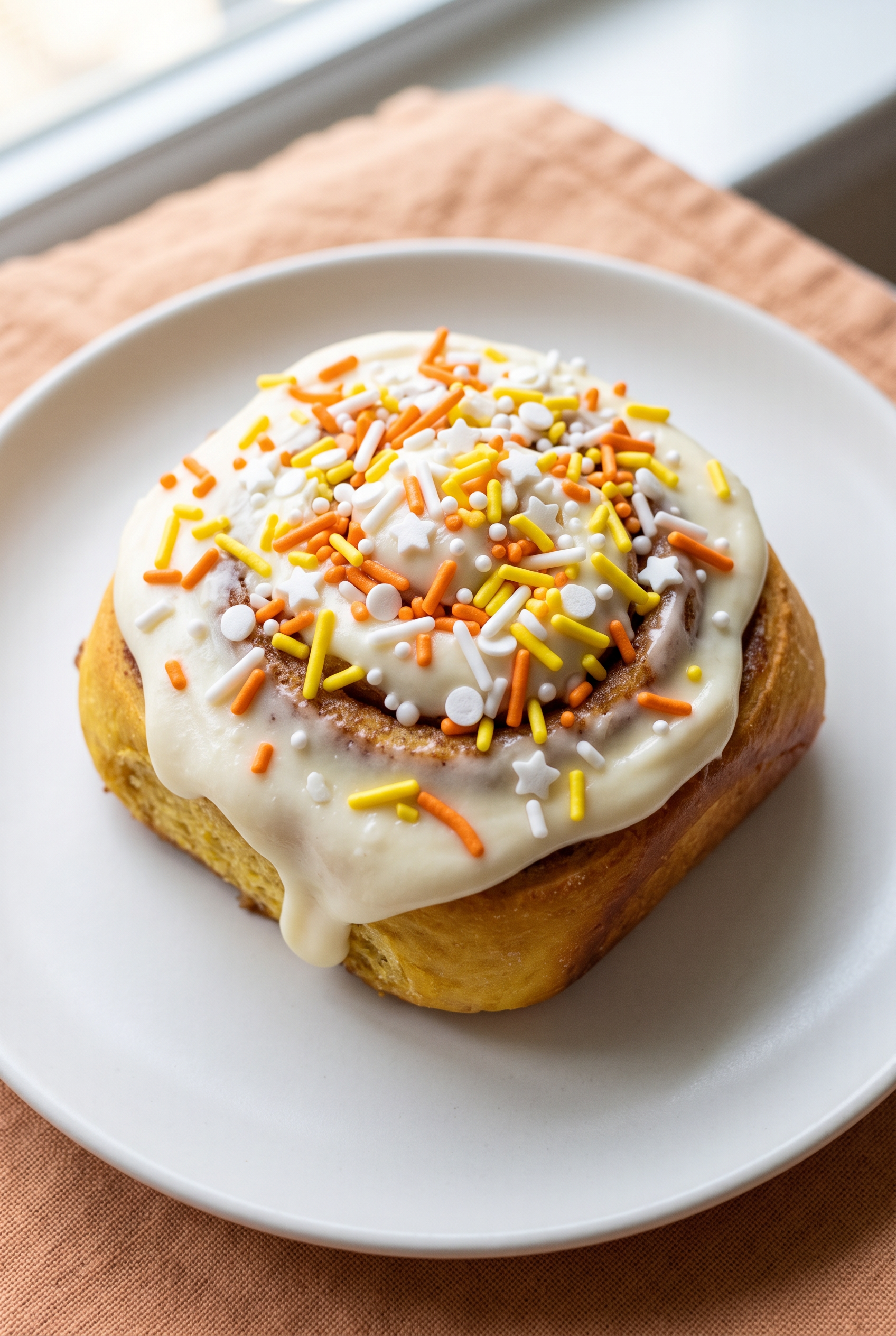 A glazed cinnamon roll topped with white icing and candy corn sprinkles, served on a white plate on a orange tablecloth.