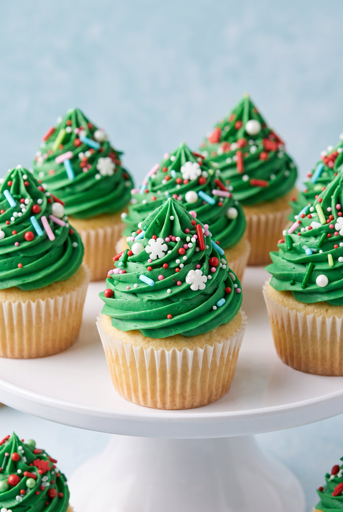 A group of frosted cupcakes arranged on a white cake stand against a soft light blue background. The cupcakes have bright green whipped frosting topped with colorful sprinkles, including white snowflake-shaped decorations.