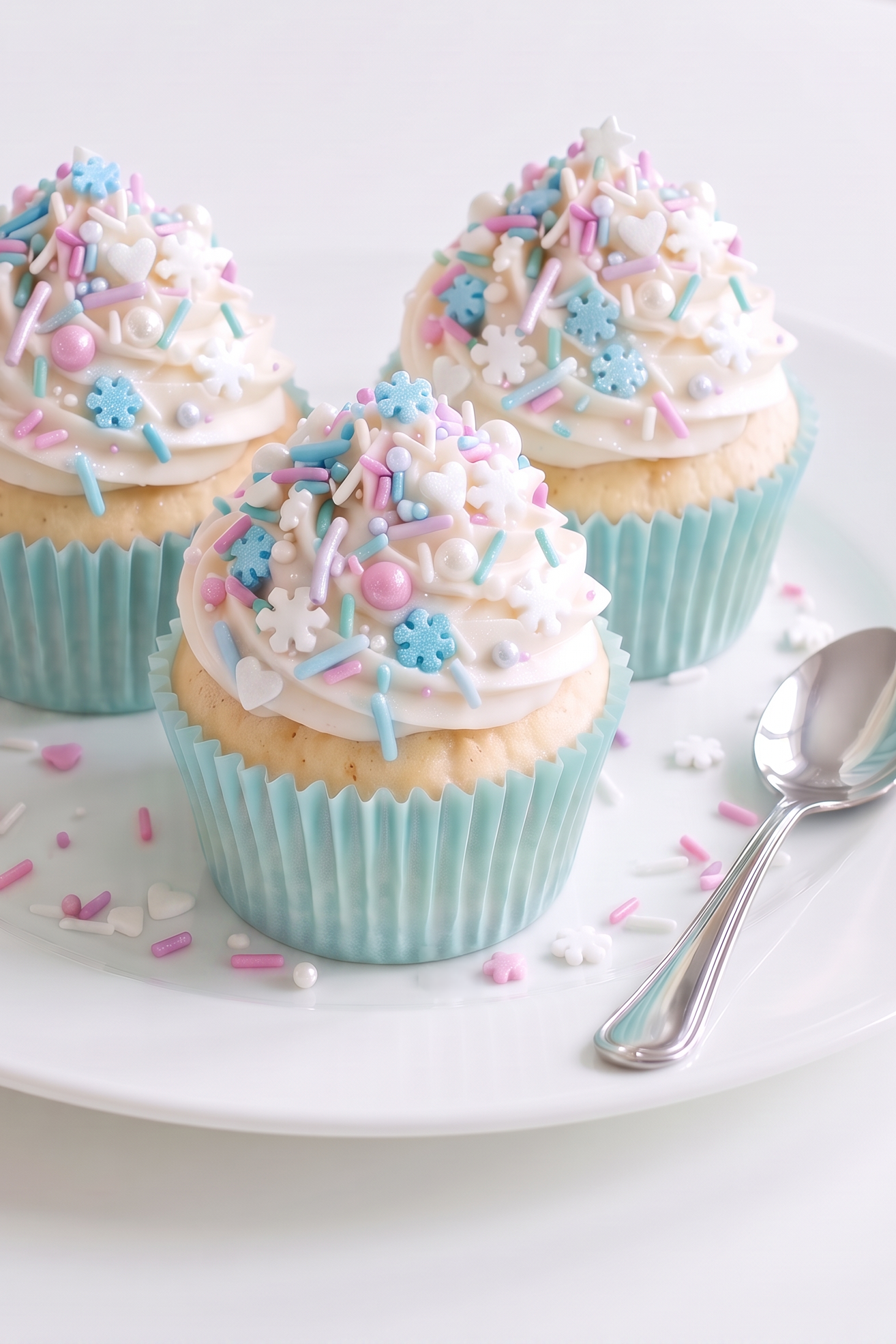 Three frosted cupcakes in light blue paper liners on a white plate, decorated with pastel blue, pink, and white sprinkles, with a silver spoon on a white background.