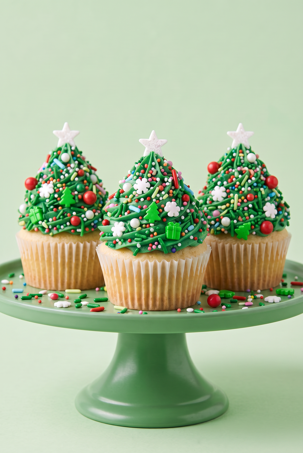 Three decorated cupcakes topped with green frosting and Christmas tree sprinkles, displayed on a green cake stand against a pale green background.