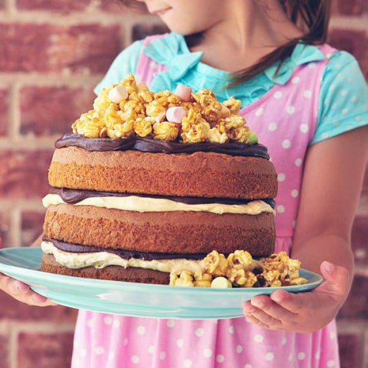 Peanut Butter & Chocolate Cake with Salted Caramel Popcorn - Sweetapolita