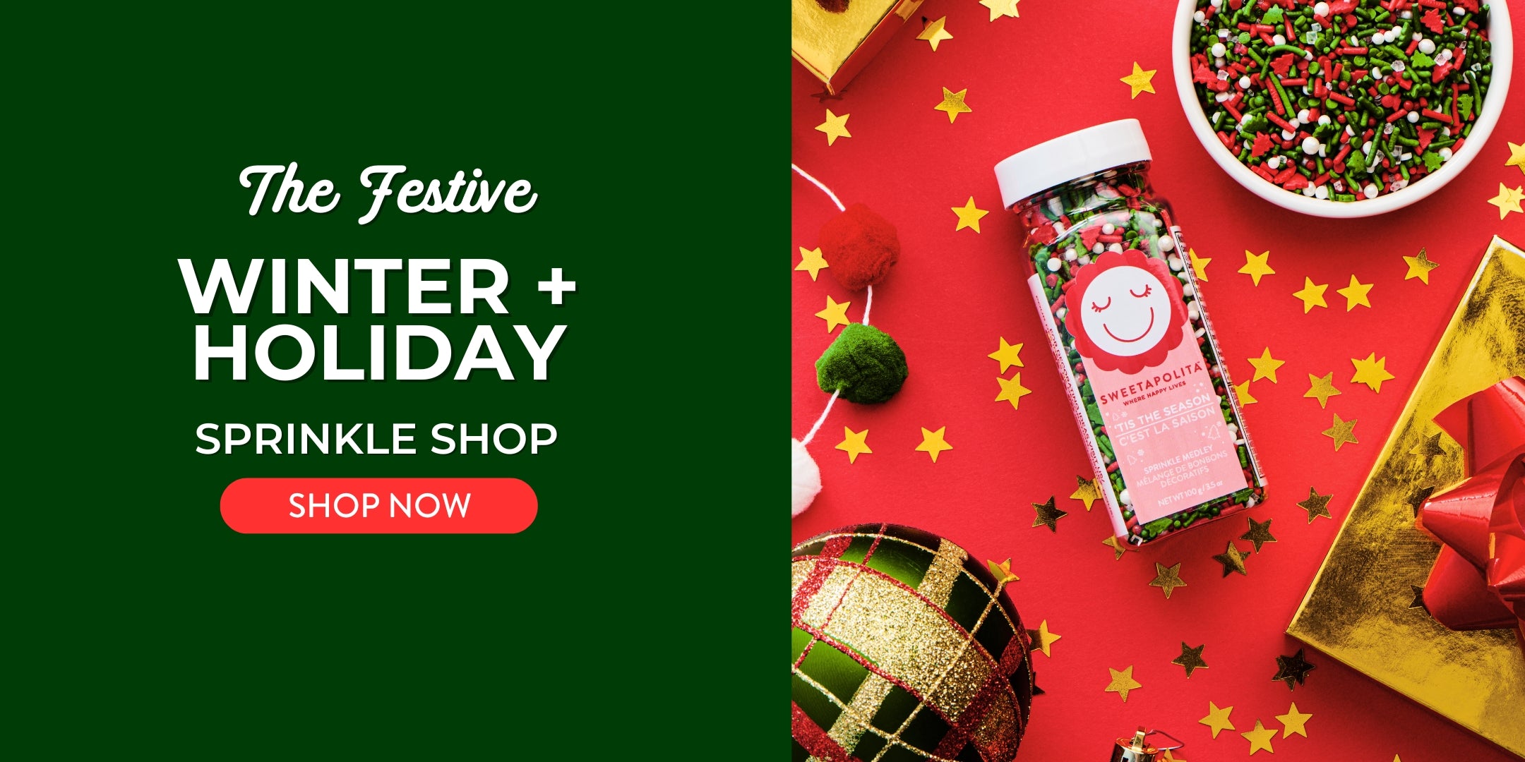 Promotional banner for festive winter and holiday sprinkle shop with a bottle of sprinkles on a red background.