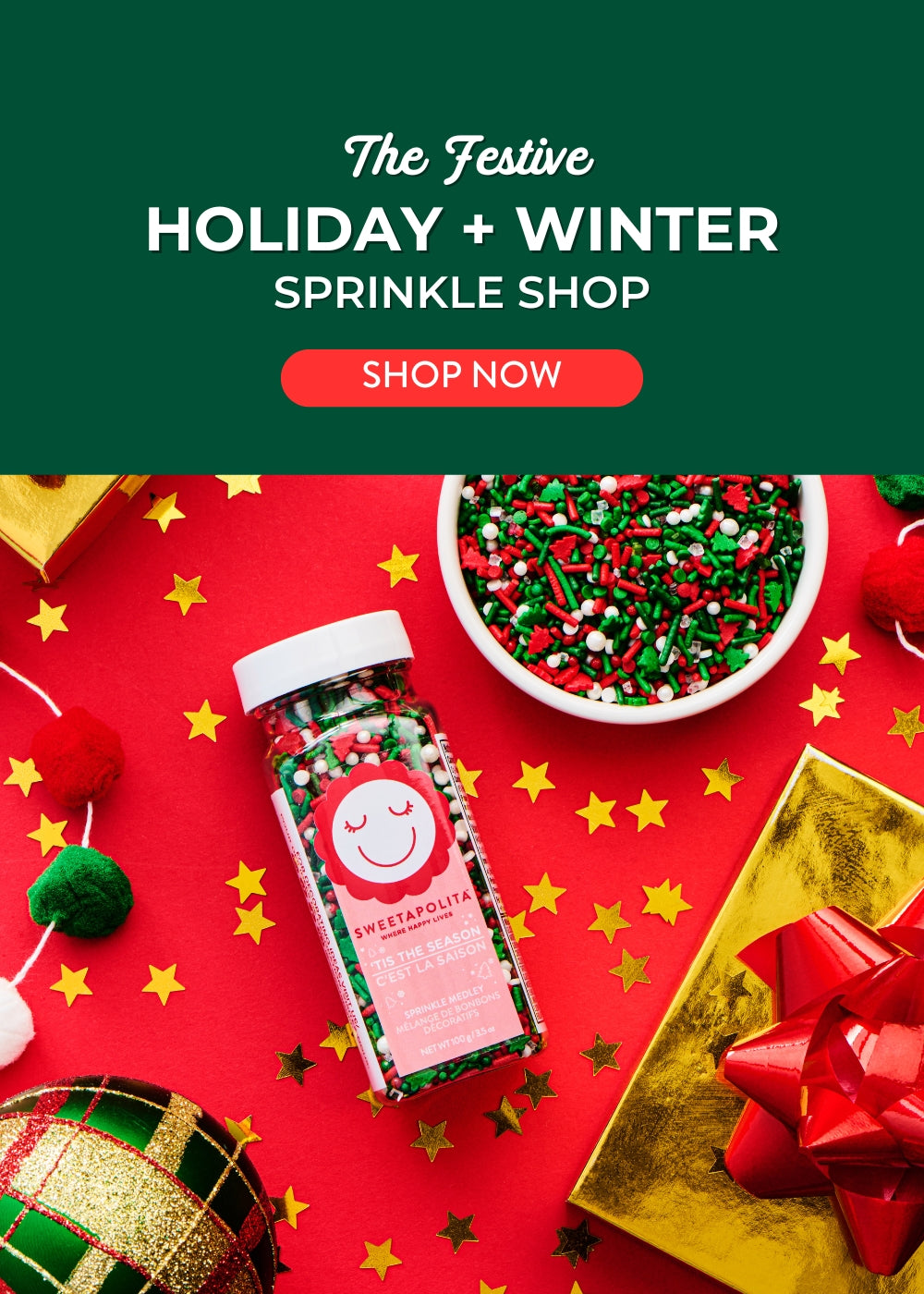 Promotional image for a festive holiday and winter sprinkle shop with a jar of sprinkles, gold gift box, and red background.