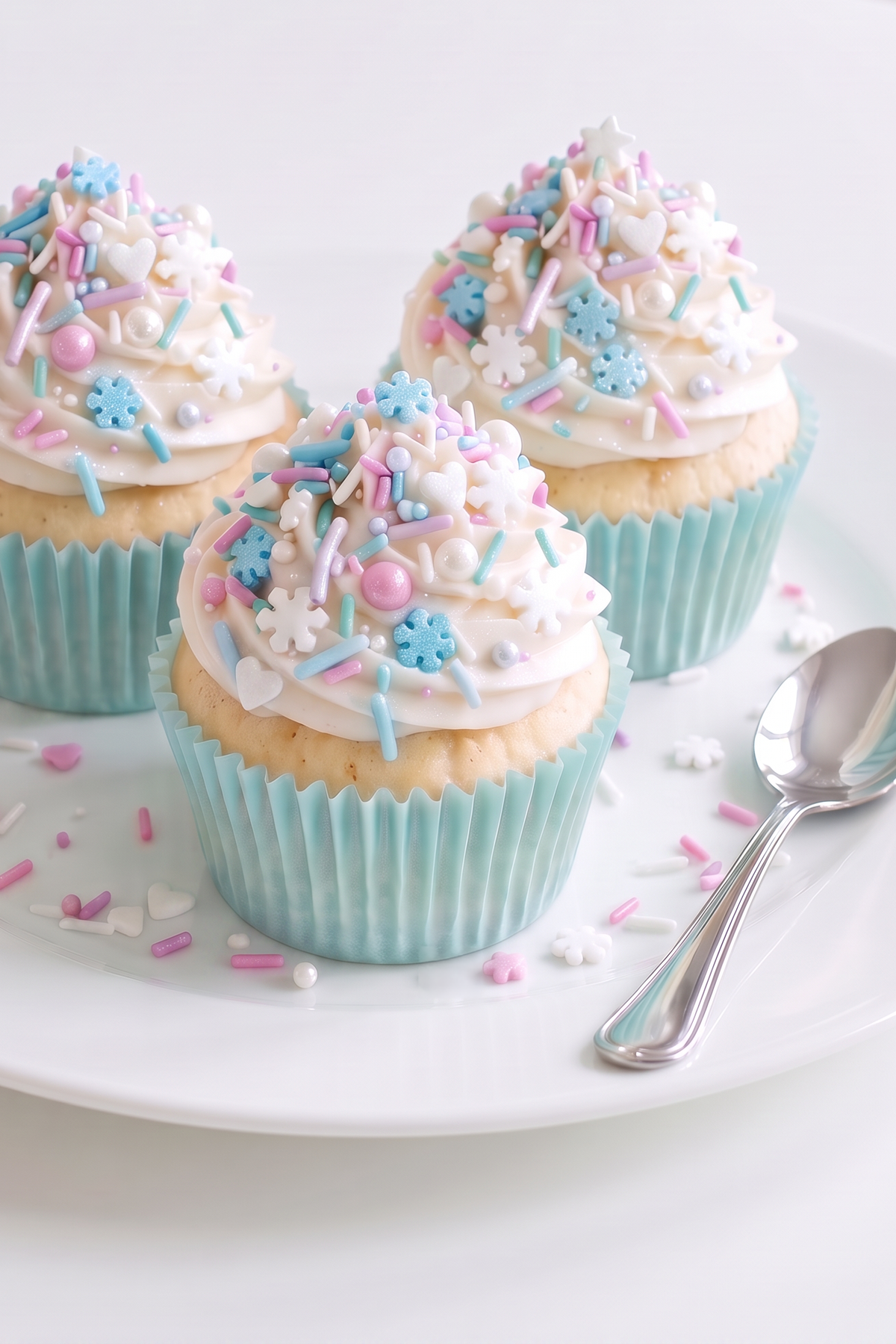 Three frosted cupcakes in light blue paper liners on a white plate, decorated with pastel blue, pink, and white sprinkles, with a silver spoon on a white background.