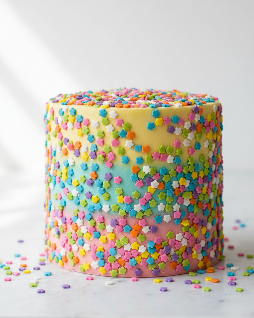 Colorful sprinkled cake on a white background