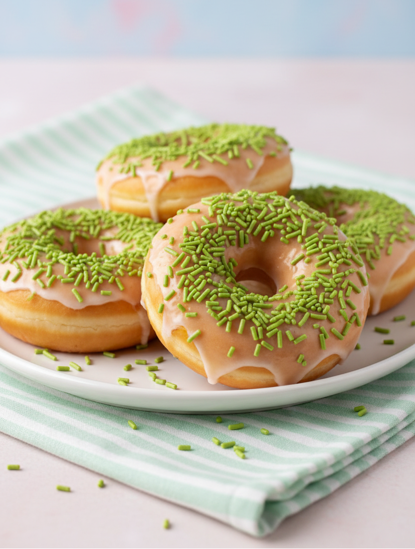 Donuts with green sprinkles on a white plate with a striped cloth underneath.