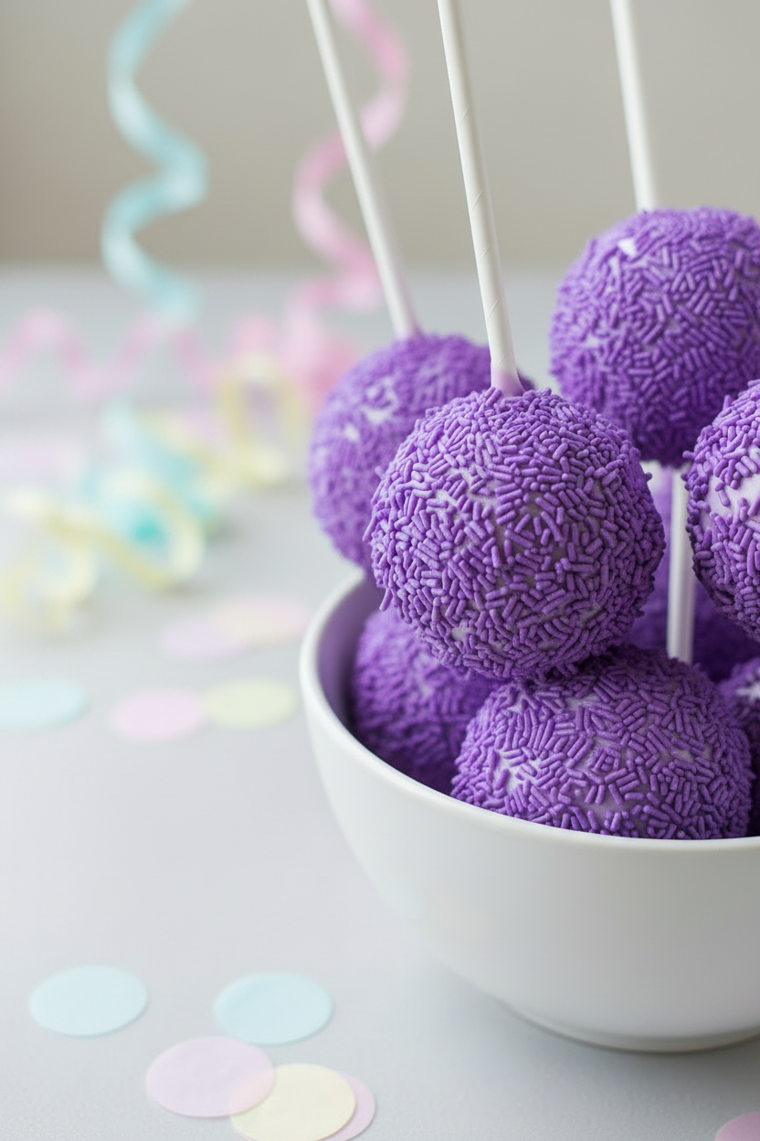 Purple cake pops in a white bowl with colorful confetti and streamers in the background